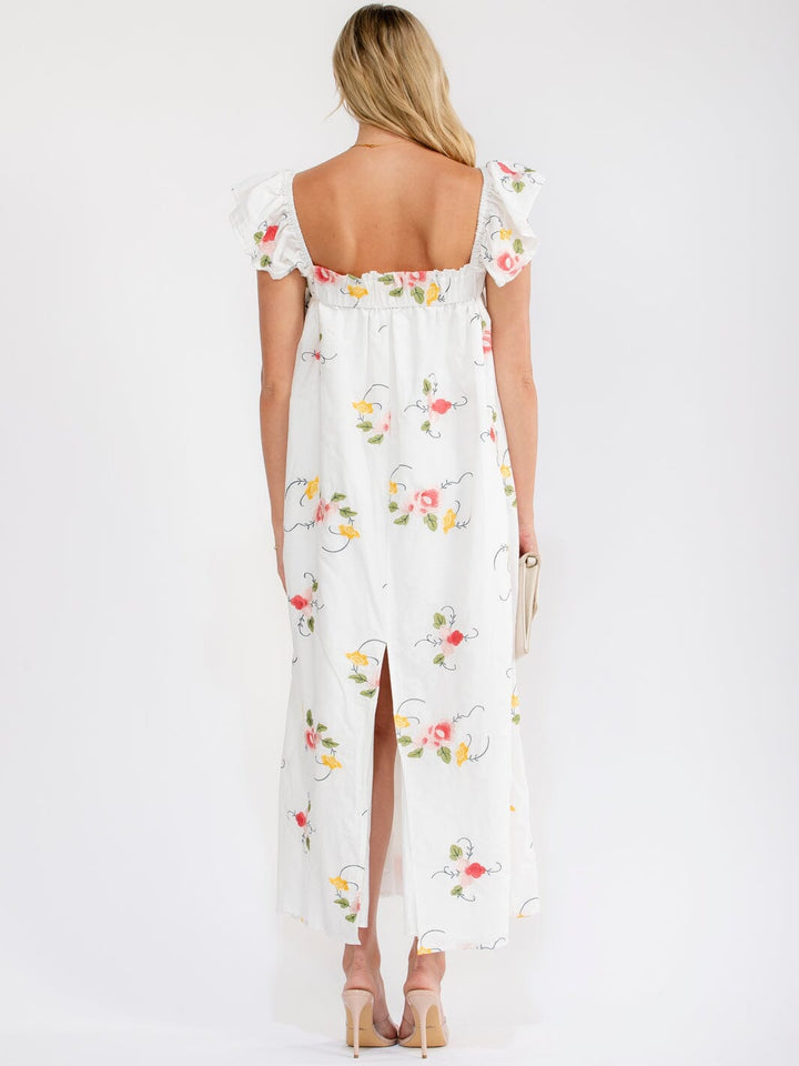 JUST ME WOMEN'S SLEEVELESS SQUARE NECK FRONT POCKETS FLORAL EMBROIDERY MAXI DRESS