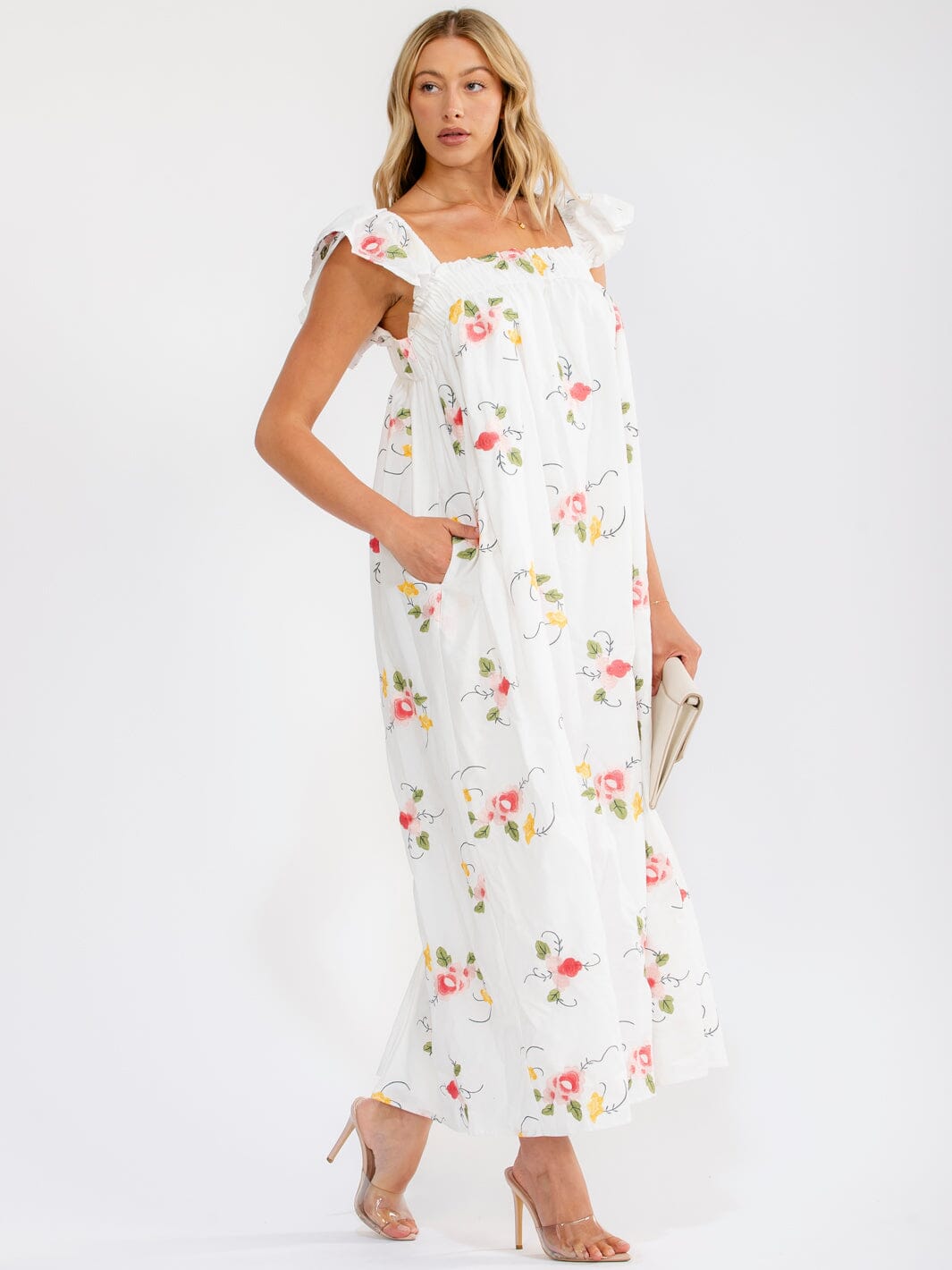 JUST ME WOMEN'S SLEEVELESS SQUARE NECK FRONT POCKETS FLORAL EMBROIDERY MAXI DRESS
