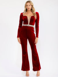 WOMEN'S LONG SLEEVE V-NECK VELVET RHINESTONES BELTED BELL LEG JUMPSUIT