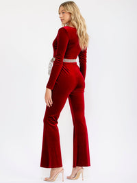 WOMEN'S LONG SLEEVE V-NECK VELVET RHINESTONES BELTED BELL LEG JUMPSUIT