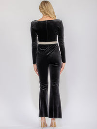 WOMEN'S LONG SLEEVE V-NECK VELVET RHINESTONES BELTED BELL LEG JUMPSUIT