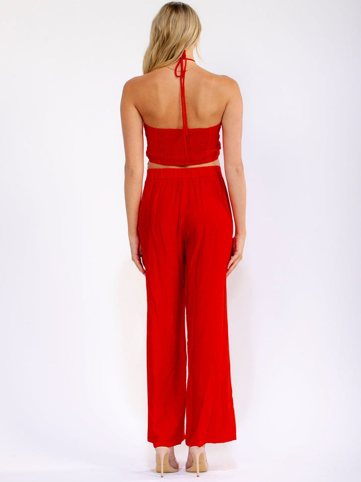 WOMEN'S HALTER NECK CROP TOP & BUTTON CLOSURE WIDE LEG PANTS CROCHET 2PC. SET