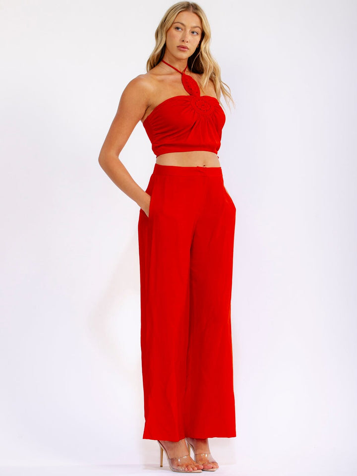 WOMEN'S HALTER NECK CROP TOP & BUTTON CLOSURE WIDE LEG PANTS CROCHET 2PC. SET