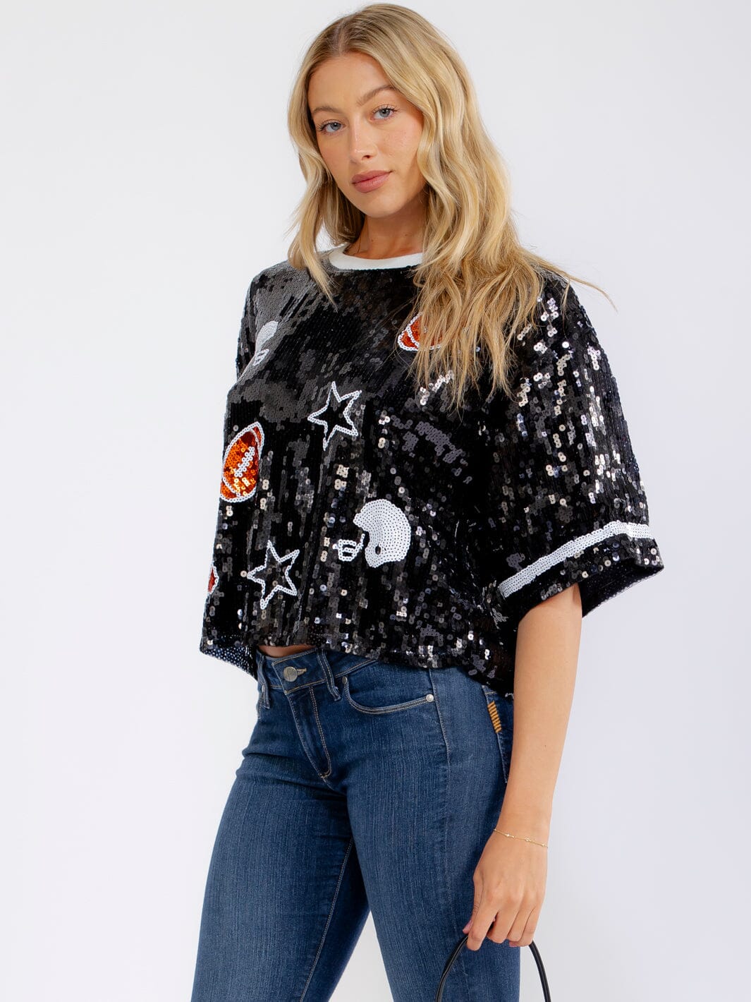 ******WOMEN'S SHORT SLEEVE FOOTBALL SEQUINS TOP