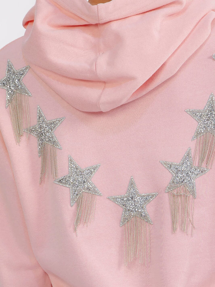 WOMEN'S LONG SLEEVE STARS DETAILED HOODED PULLOVER SWEATER