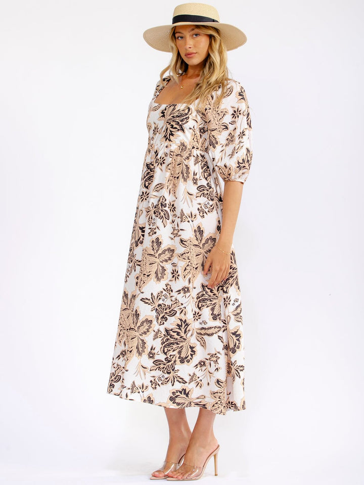WOMEN'S SHORT SLEEVE SQUARE NECK SMOCK FLORAL MAXI DRESS