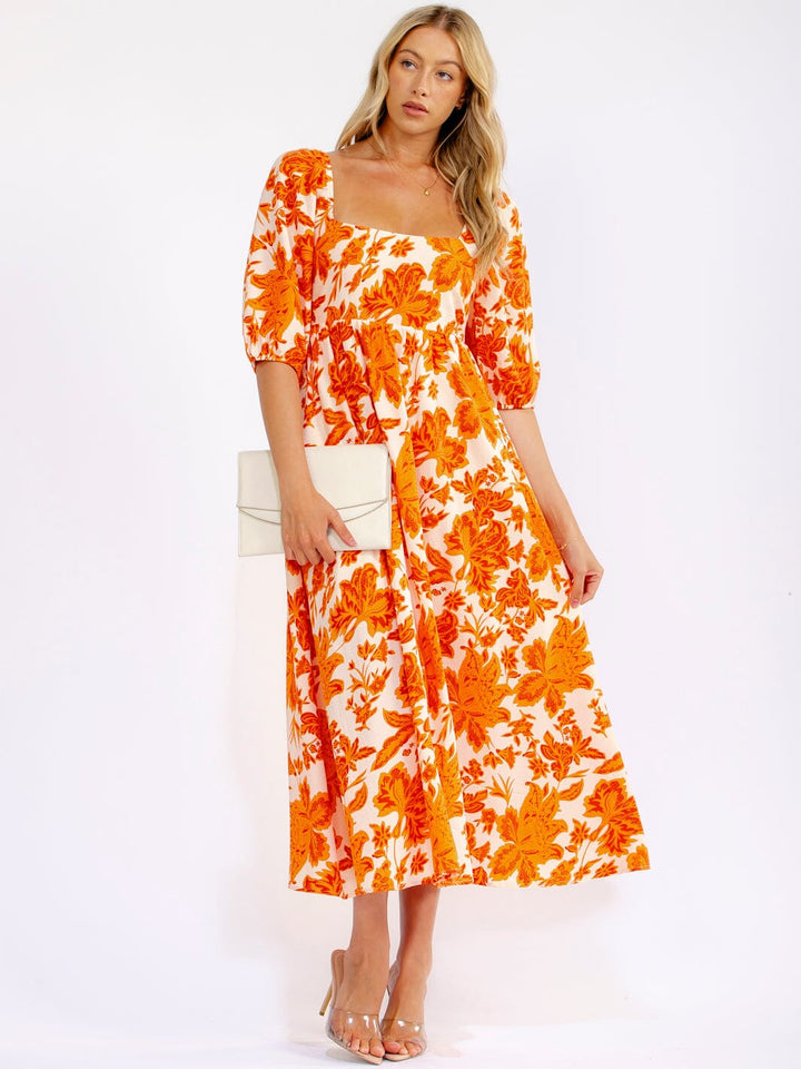 WOMEN'S SHORT SLEEVE SQUARE NECK SMOCK FLORAL MAXI DRESS