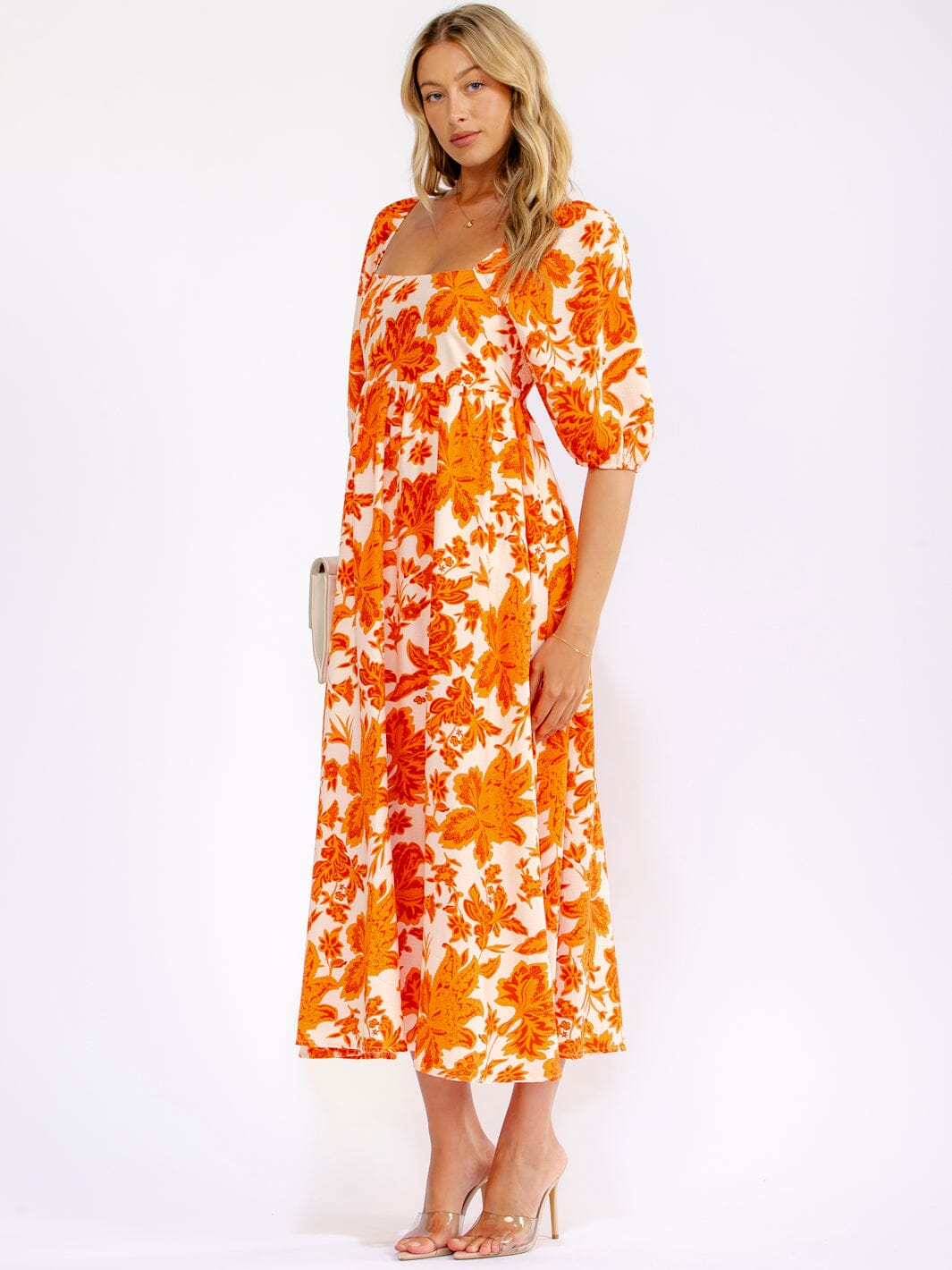WOMEN'S SHORT SLEEVE SQUARE NECK SMOCK FLORAL MAXI DRESS