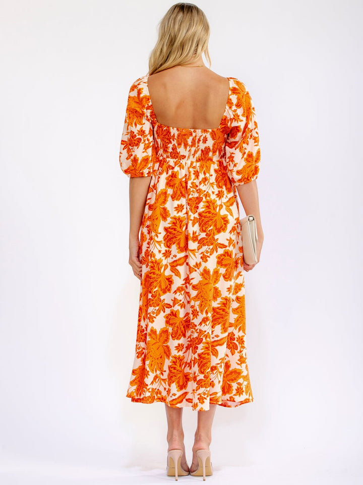 WOMEN'S SHORT SLEEVE SQUARE NECK SMOCK FLORAL MAXI DRESS
