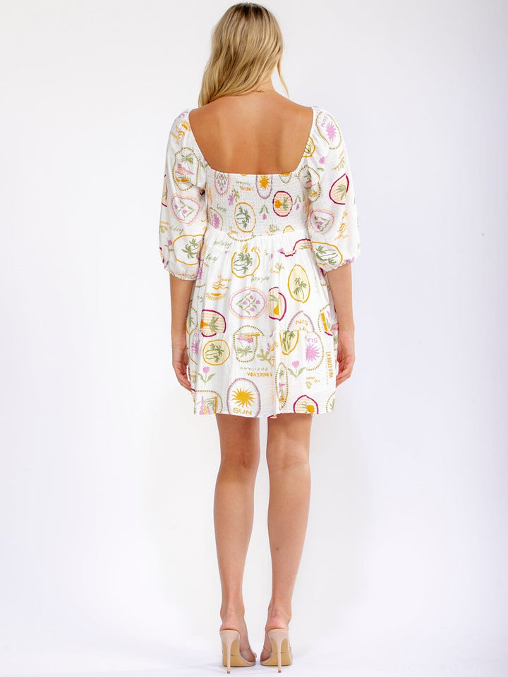 WOMEN'S SHORT PUFF SLEEVE V-NECK SMOCK POCKETS MULTI PRINT MINI DRESS