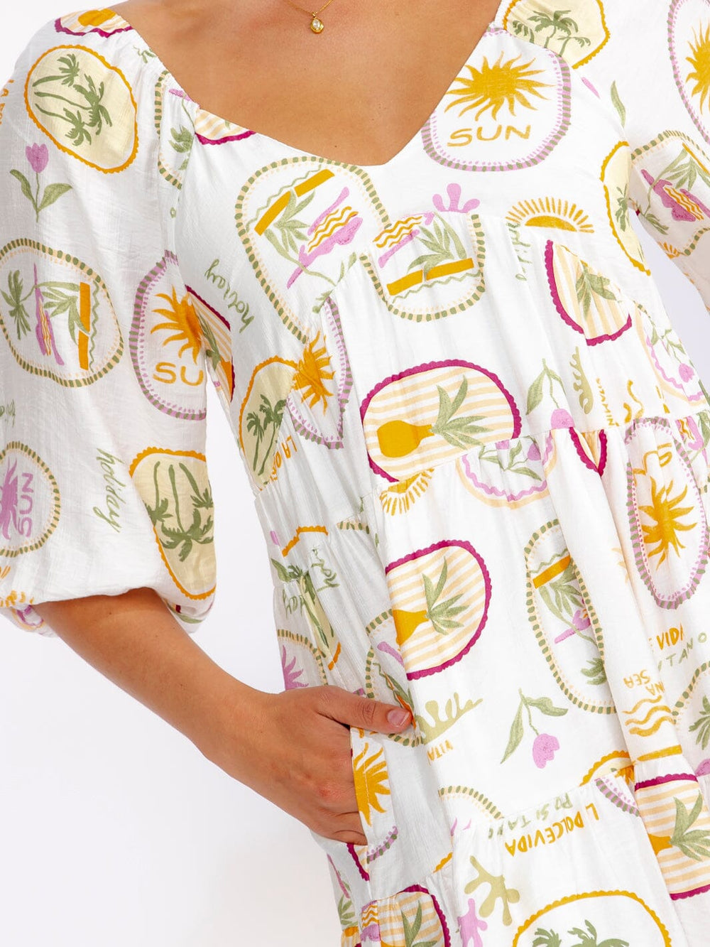 WOMEN'S SHORT PUFF SLEEVE V-NECK SMOCK POCKETS MULTI PRINT MINI DRESS