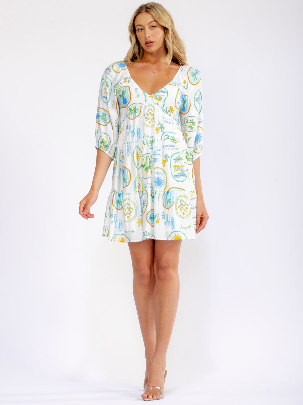 WOMEN'S SHORT PUFF SLEEVE V-NECK SMOCK POCKETS MULTI PRINT MINI DRESS