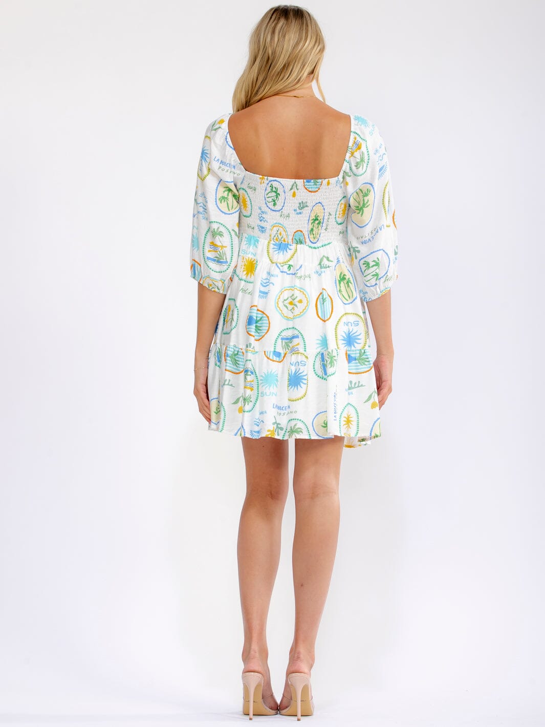 WOMEN'S SHORT PUFF SLEEVE V-NECK SMOCK POCKETS MULTI PRINT MINI DRESS