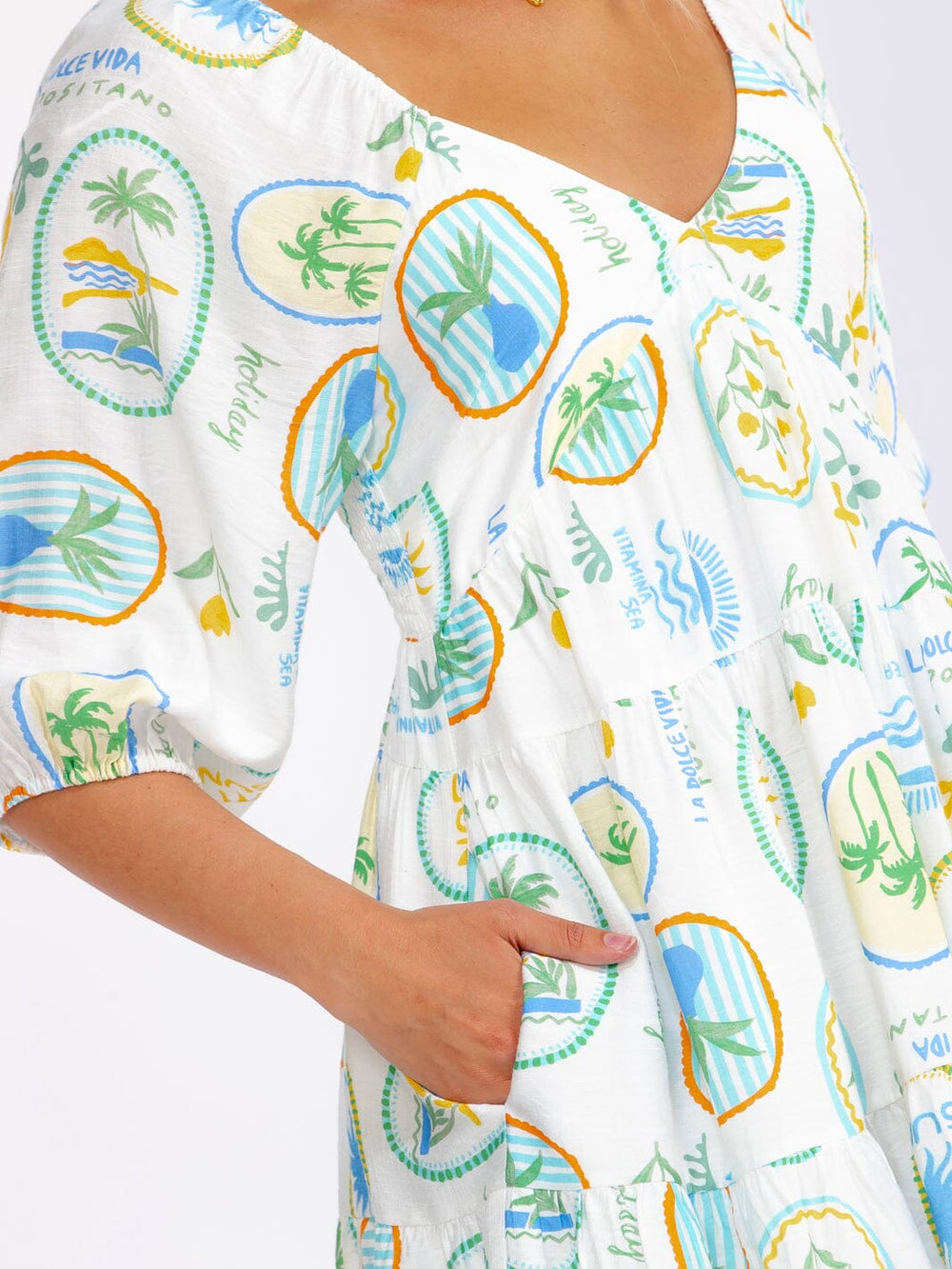 WOMEN'S SHORT PUFF SLEEVE V-NECK SMOCK POCKETS MULTI PRINT MINI DRESS