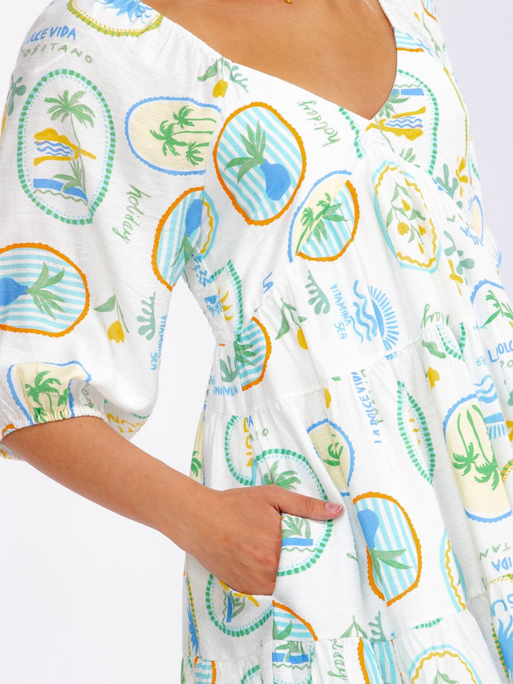 WOMEN'S SHORT PUFF SLEEVE V-NECK SMOCK POCKETS MULTI PRINT MINI DRESS