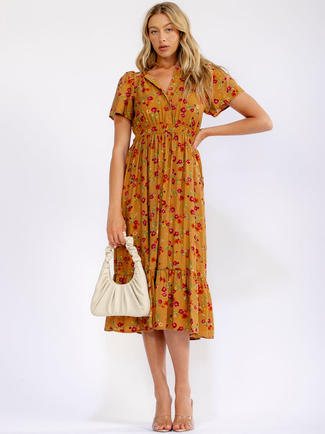WOMEN'S SHORT SLEEVE BUTTON UP FRONT POCKETS FLORAL MIDI DRESS