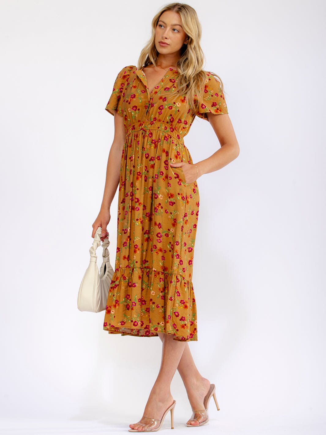 WOMEN'S SHORT SLEEVE BUTTON UP FRONT POCKETS FLORAL MIDI DRESS