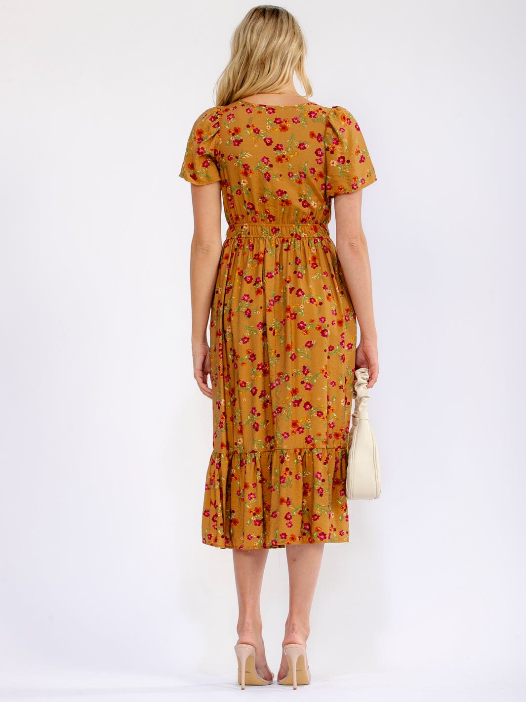 WOMEN'S SHORT SLEEVE BUTTON UP FRONT POCKETS FLORAL MIDI DRESS