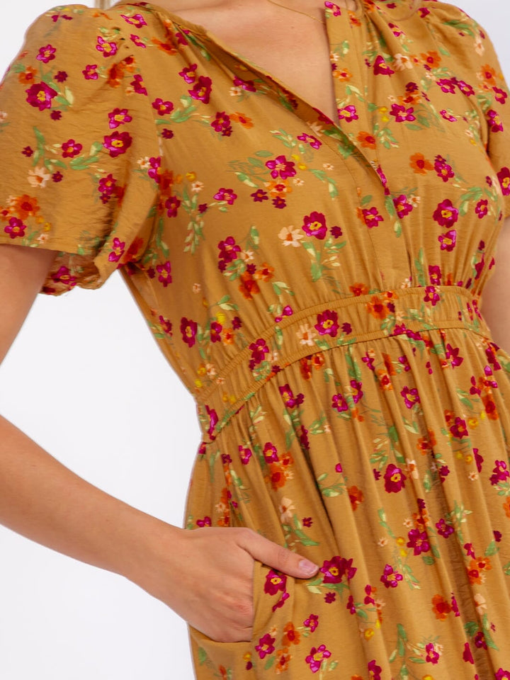 WOMEN'S SHORT SLEEVE BUTTON UP FRONT POCKETS FLORAL MIDI DRESS