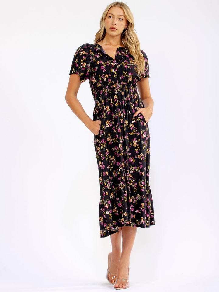 WOMEN'S SHORT SLEEVE BUTTON UP FRONT POCKETS FLORAL MIDI DRESS