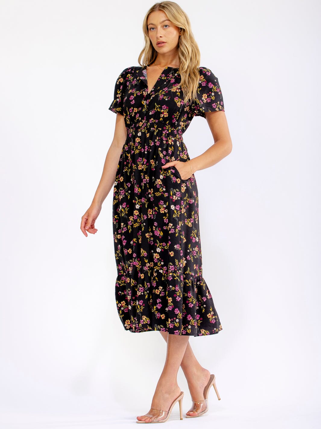WOMEN'S SHORT SLEEVE BUTTON UP FRONT POCKETS FLORAL MIDI DRESS