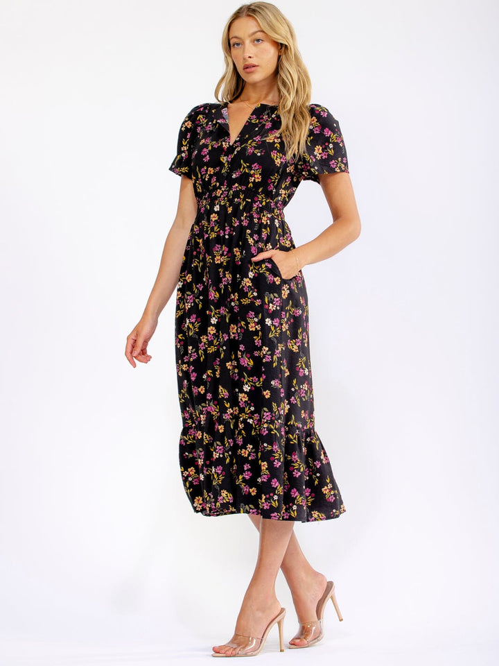 WOMEN'S SHORT SLEEVE BUTTON UP FRONT POCKETS FLORAL MIDI DRESS