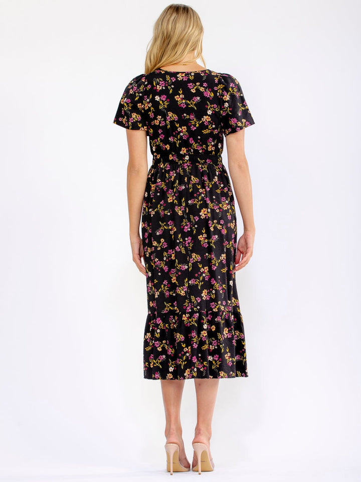 WOMEN'S SHORT SLEEVE BUTTON UP FRONT POCKETS FLORAL MIDI DRESS