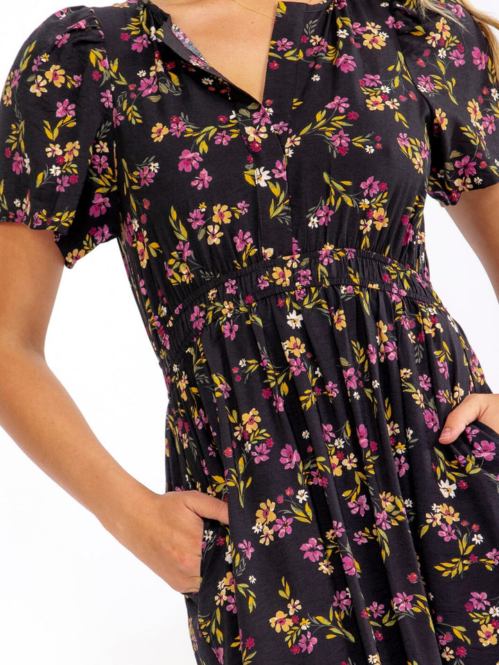 WOMEN'S SHORT SLEEVE BUTTON UP FRONT POCKETS FLORAL MIDI DRESS