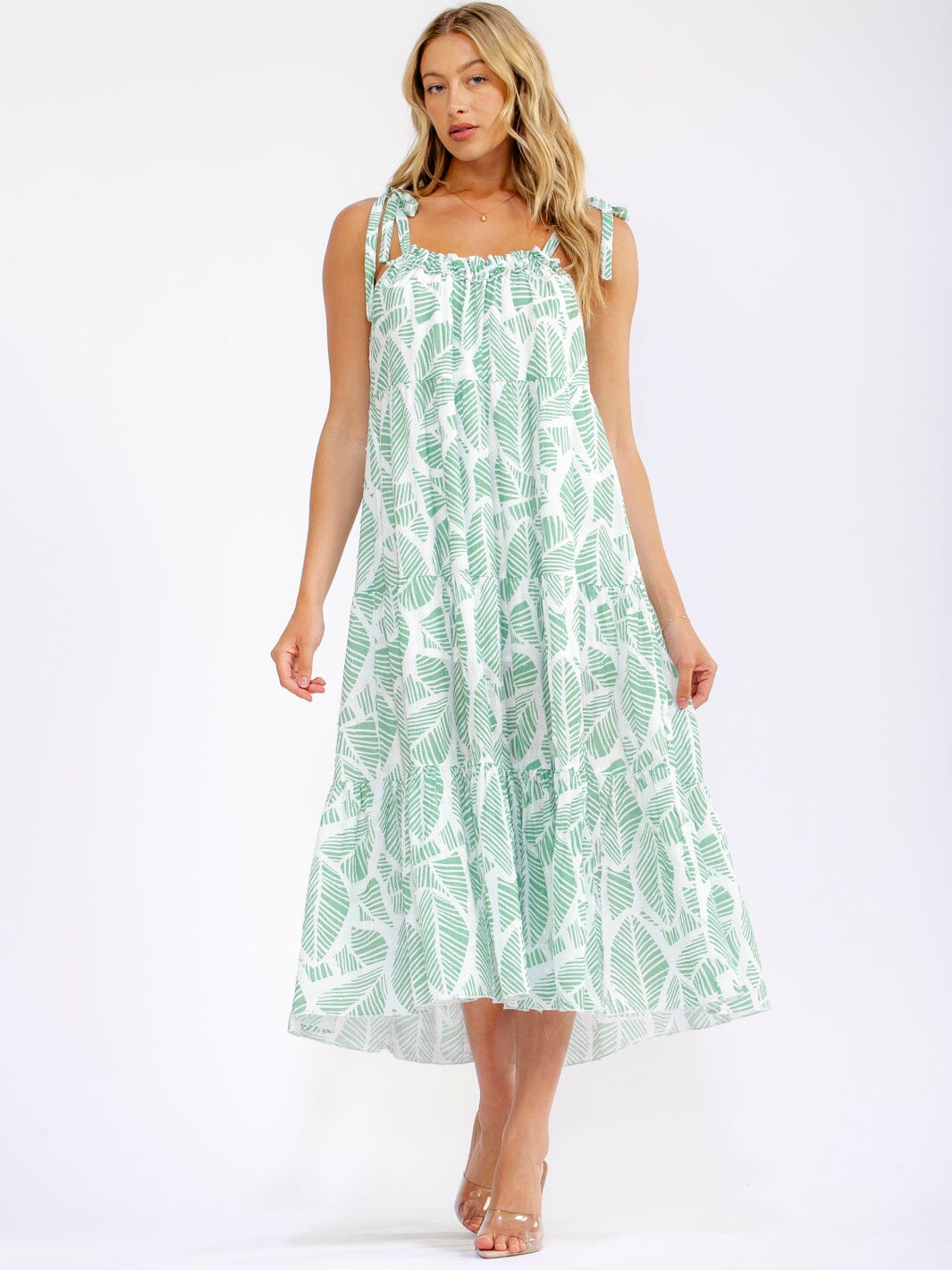 WOMEN'S SLEEVELESS ADJUSTABLE STRAPS LEAF PRINT SWISS MAXI DRESS