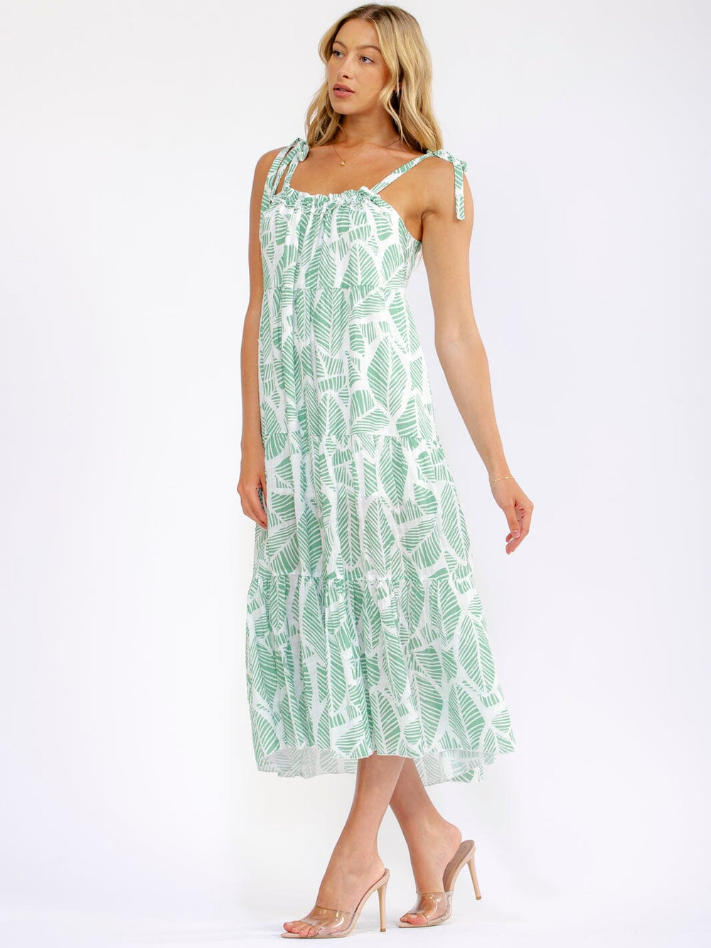WOMEN'S SLEEVELESS ADJUSTABLE STRAPS LEAF PRINT SWISS MAXI DRESS