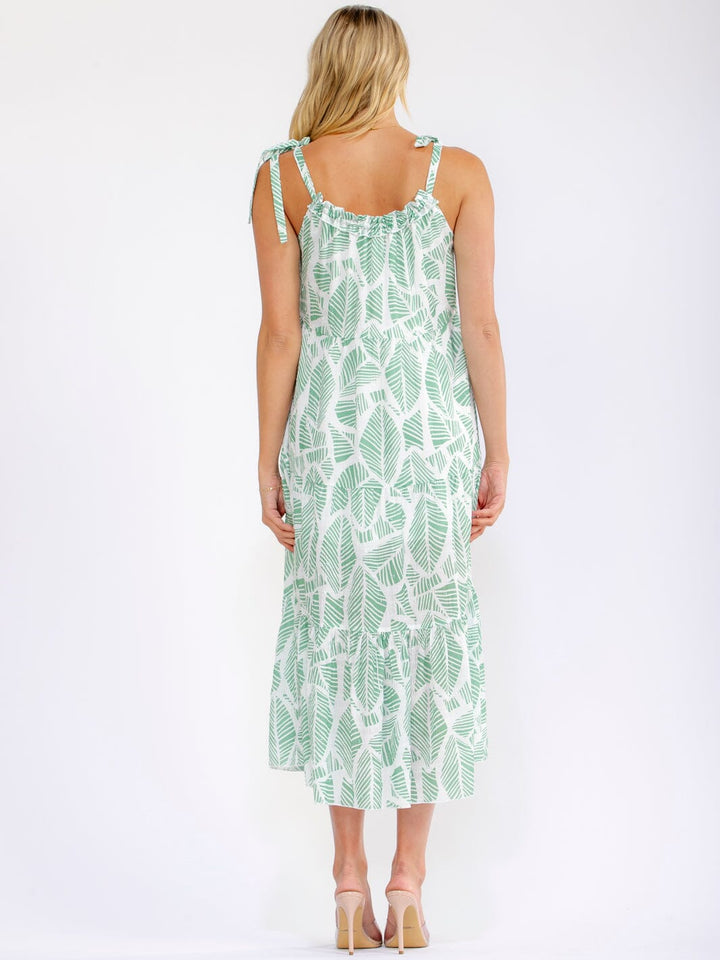 WOMEN'S SLEEVELESS ADJUSTABLE STRAPS LEAF PRINT SWISS MAXI DRESS