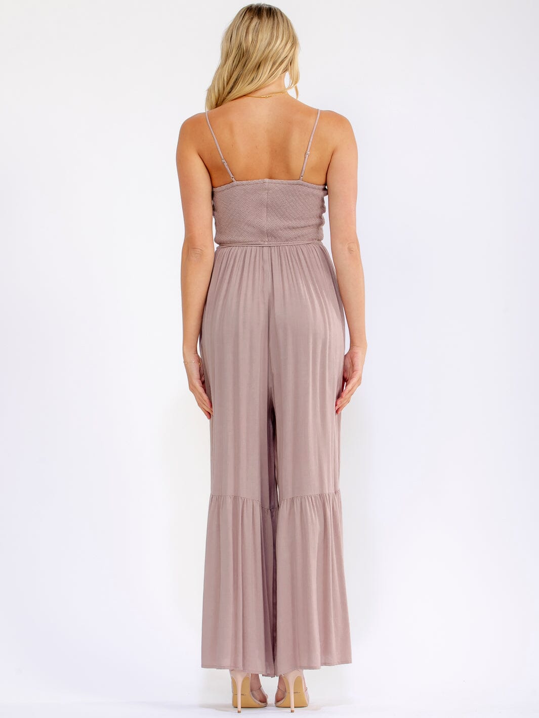 WOMEN'S SLEEVELESS SQUARE NECK SMOCK FRONT POCKETS TIERED WIDE LEG JUMPSUIT