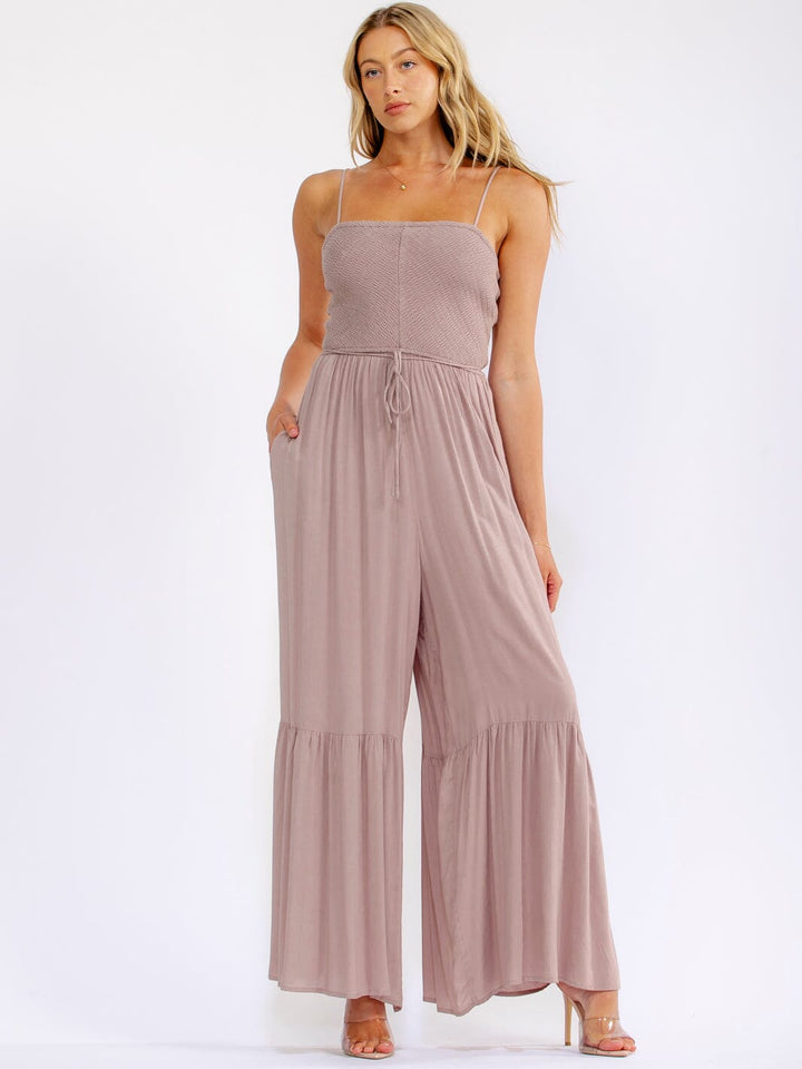WOMEN'S SLEEVELESS SQUARE NECK SMOCK FRONT POCKETS TIERED WIDE LEG JUMPSUIT