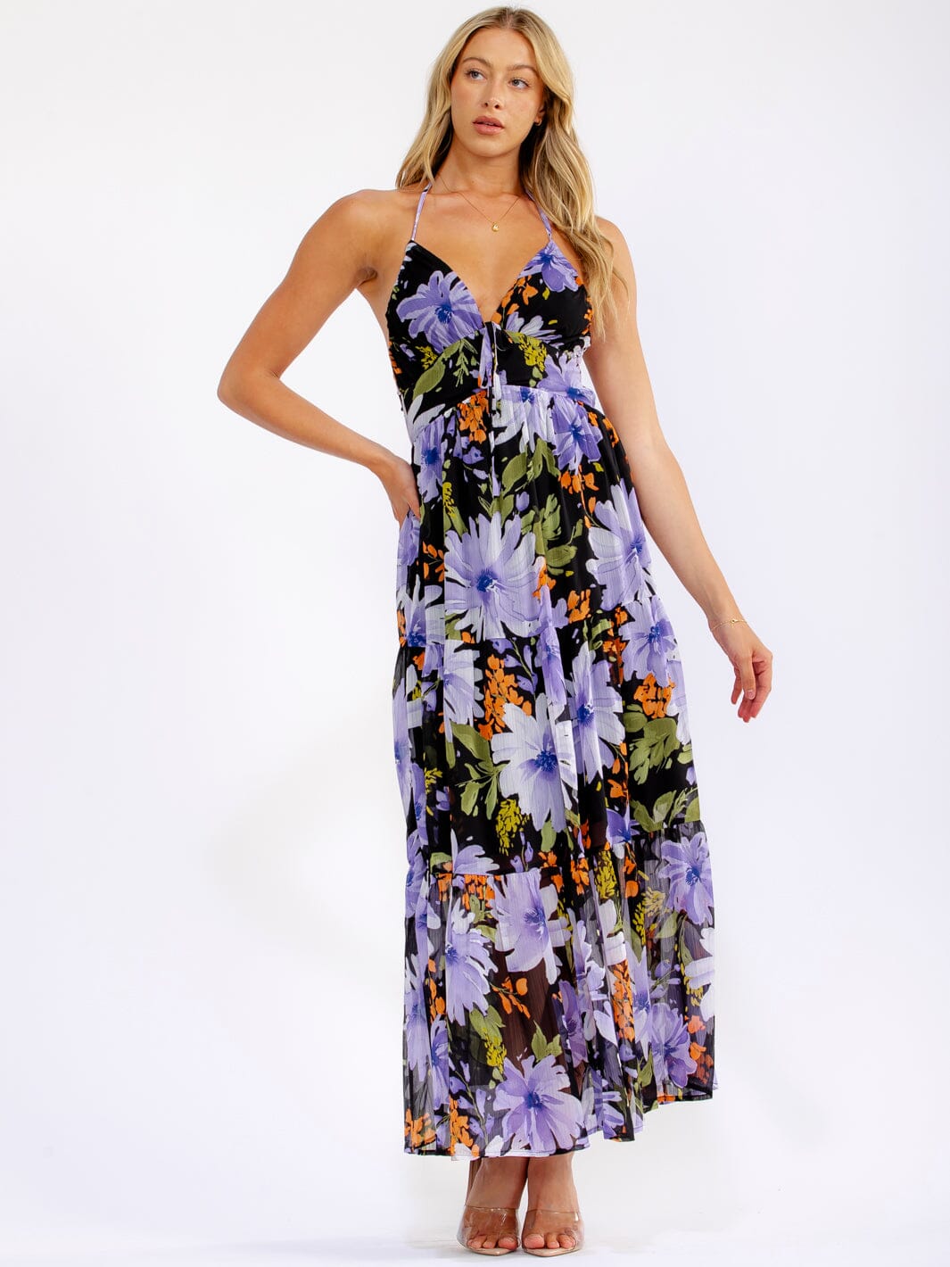 WOMEN'S SLEEVELESS ELASTIC WAIST OPEN BACK FLORAL MAXI DRESS