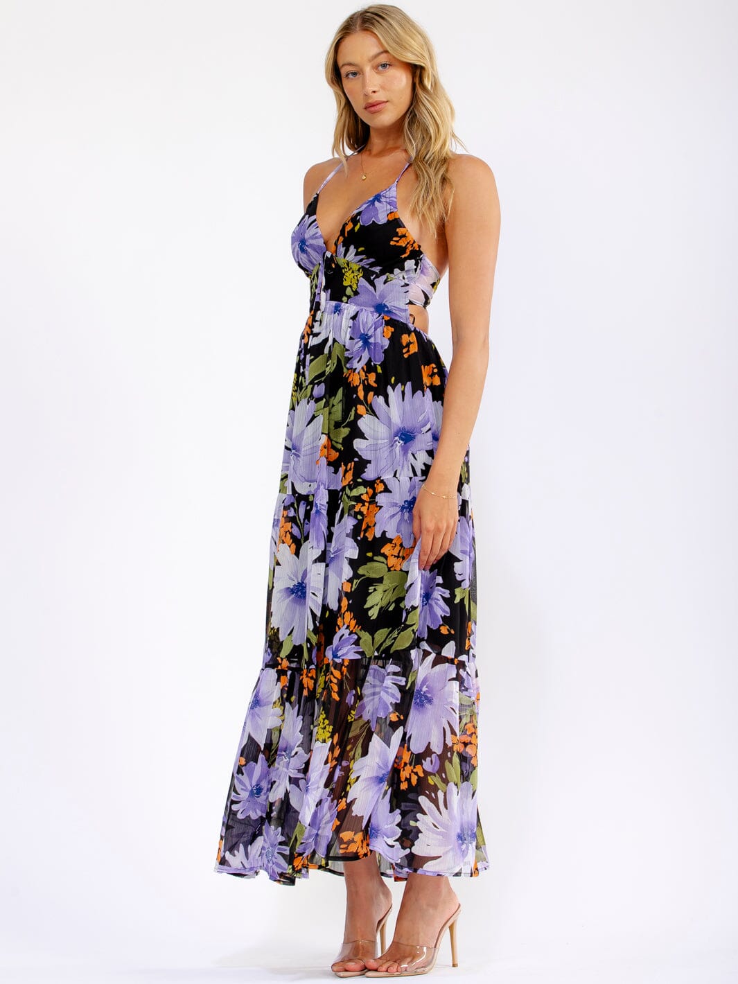WOMEN'S SLEEVELESS ELASTIC WAIST OPEN BACK FLORAL MAXI DRESS