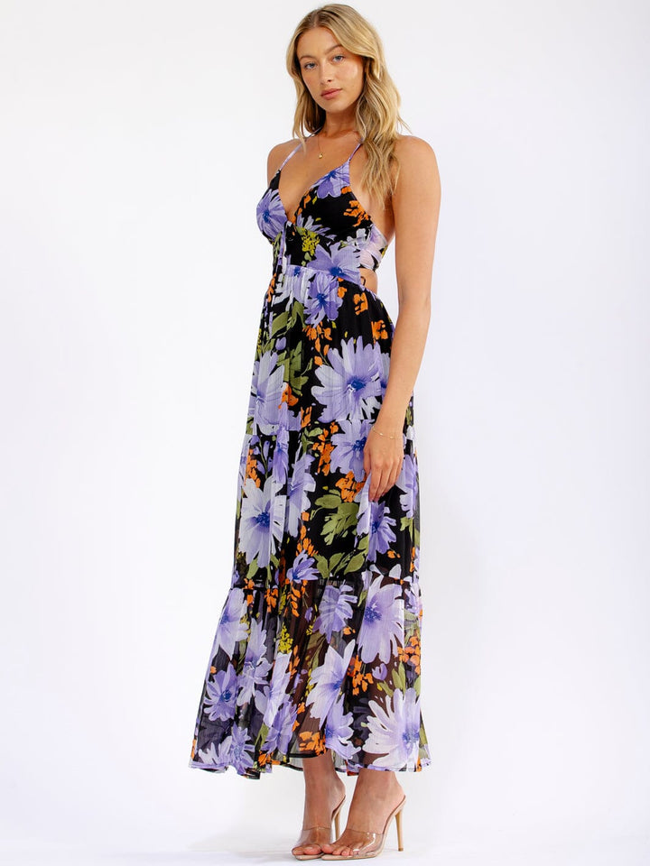 WOMEN'S SLEEVELESS ELASTIC WAIST OPEN BACK FLORAL MAXI DRESS