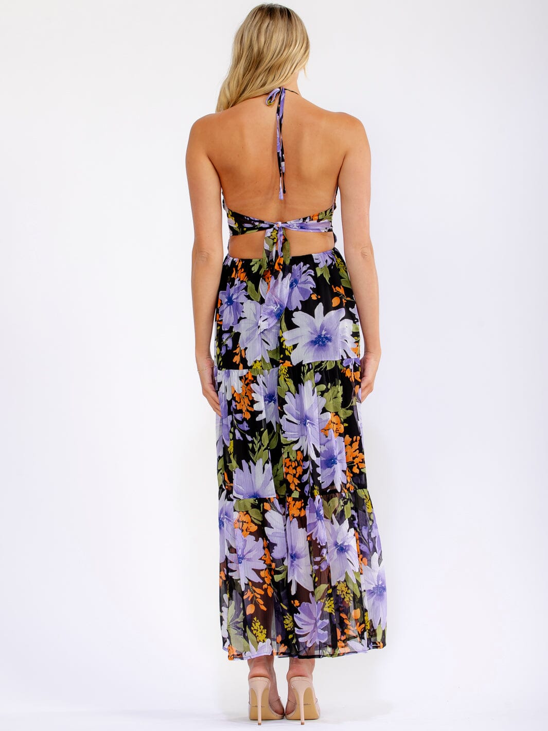 WOMEN'S SLEEVELESS ELASTIC WAIST OPEN BACK FLORAL MAXI DRESS