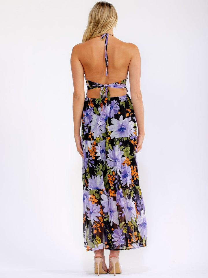 WOMEN'S SLEEVELESS ELASTIC WAIST OPEN BACK FLORAL MAXI DRESS