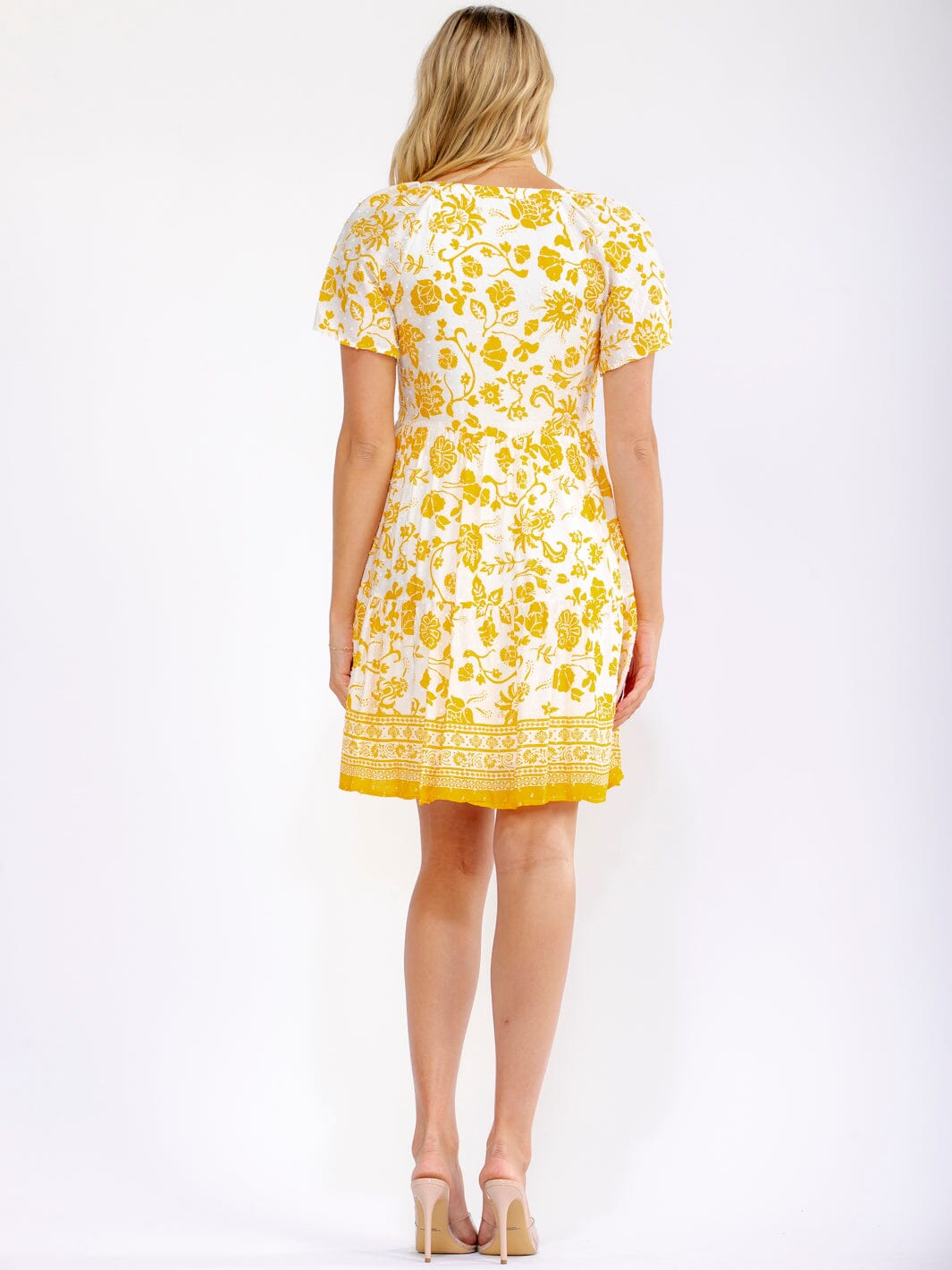 WOMEN'S SHORT SLEEVE V-NECK FRONT POCKETS SWISS FLORAL MINI DRESS