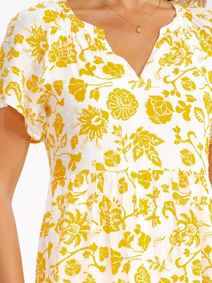 WOMEN'S SHORT SLEEVE V-NECK FRONT POCKETS SWISS FLORAL MINI DRESS