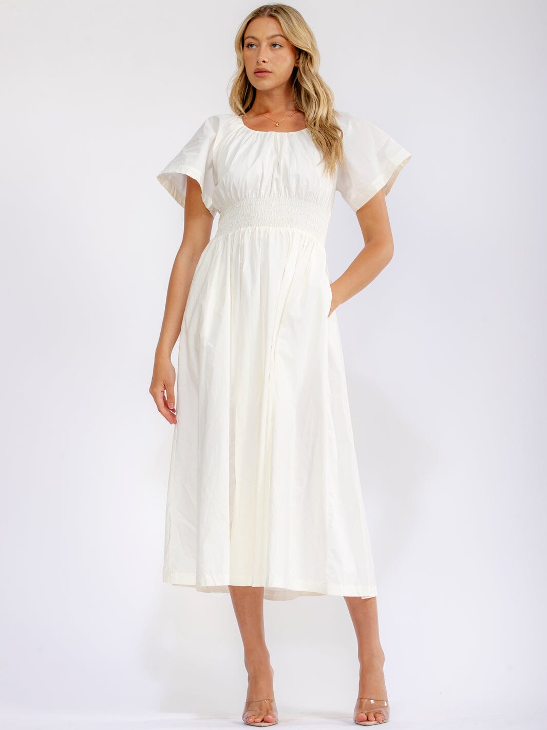 WOMEN'S SHORT SLEEVE SMOCK WAIST BACK TIE FRONT POCKETS MAXI DRESS