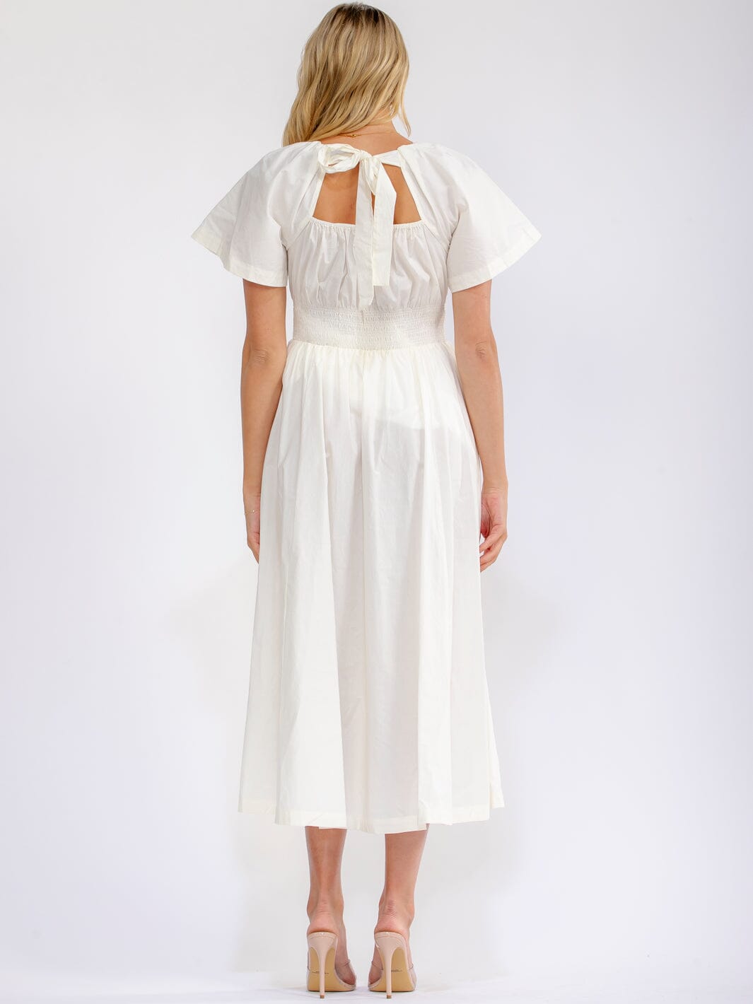 WOMEN'S SHORT SLEEVE SMOCK WAIST BACK TIE FRONT POCKETS MAXI DRESS