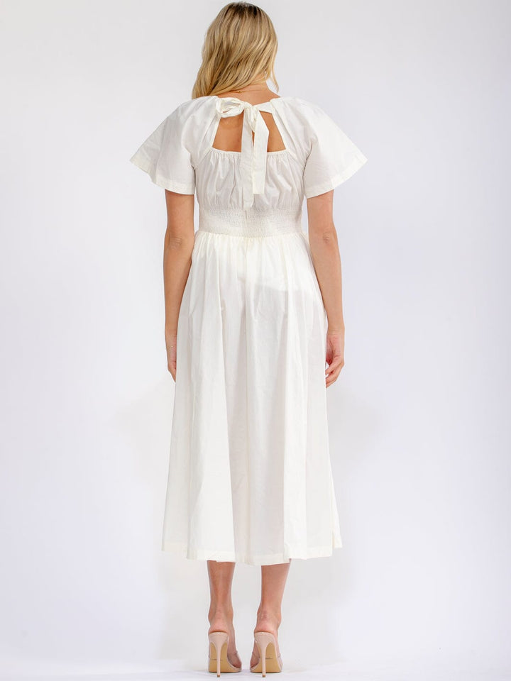 WOMEN'S SHORT SLEEVE SMOCK WAIST BACK TIE FRONT POCKETS MAXI DRESS