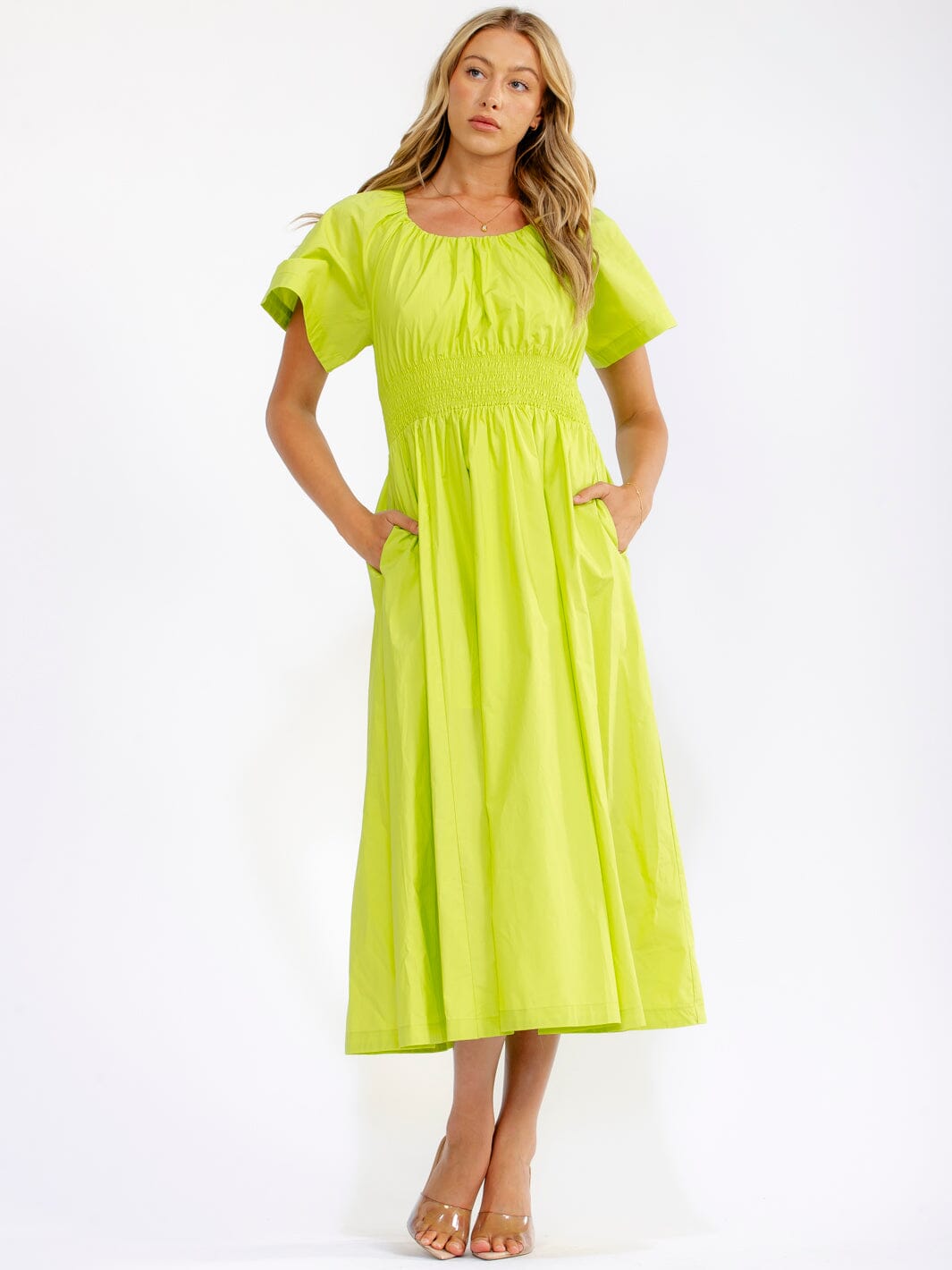 WOMEN'S SHORT SLEEVE SMOCK WAIST BACK TIE FRONT POCKETS MAXI DRESS