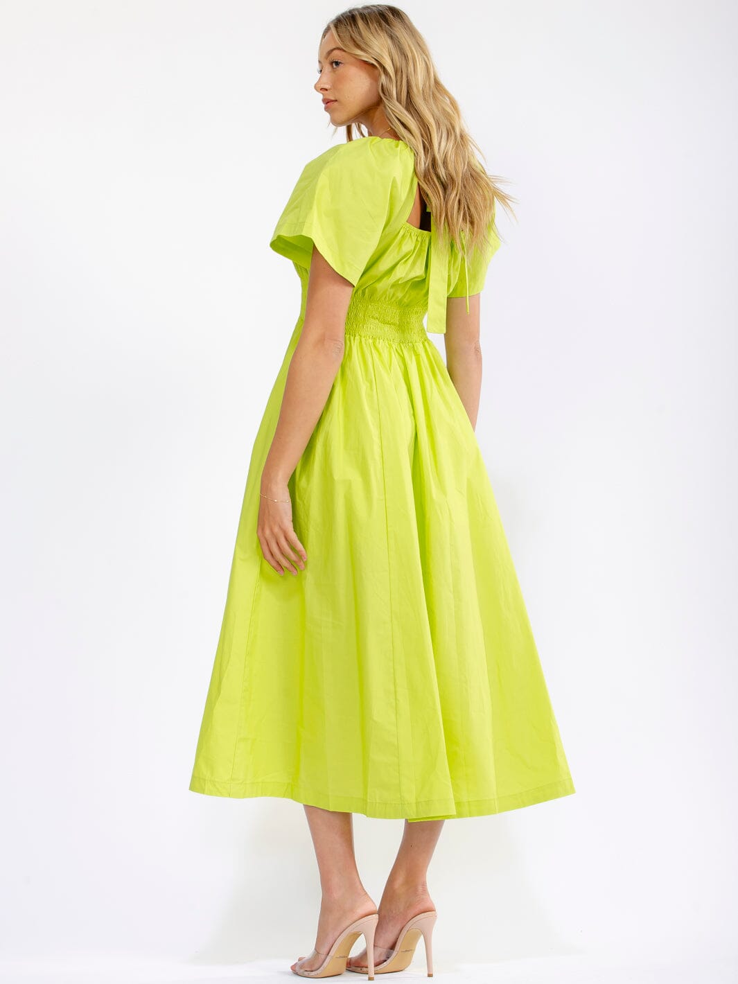 WOMEN'S SHORT SLEEVE SMOCK WAIST BACK TIE FRONT POCKETS MAXI DRESS