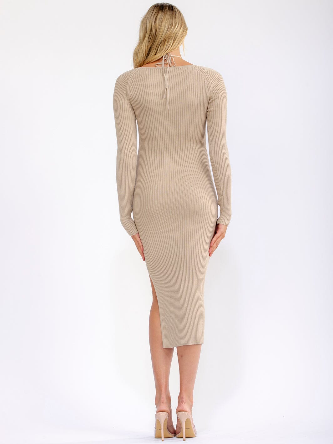 WOMEN'S LONG SLEEVE SIDE SLIT RIBBED MIDI DRESS