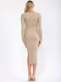 WOMEN'S LONG SLEEVE SIDE SLIT RIBBED MIDI DRESS