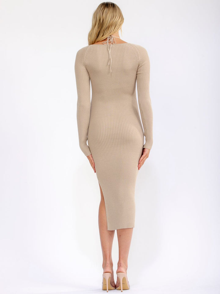 WOMEN'S LONG SLEEVE SIDE SLIT RIBBED MIDI DRESS