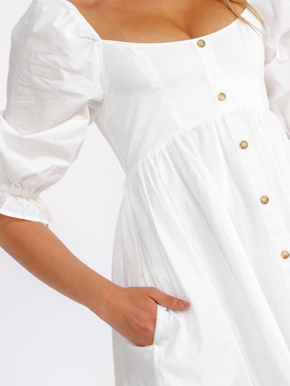 WOMEN'S 3/4 SLEEVES SQUARE NECK FRONT POCKETS TUNIC DETAILED MINI DRESS