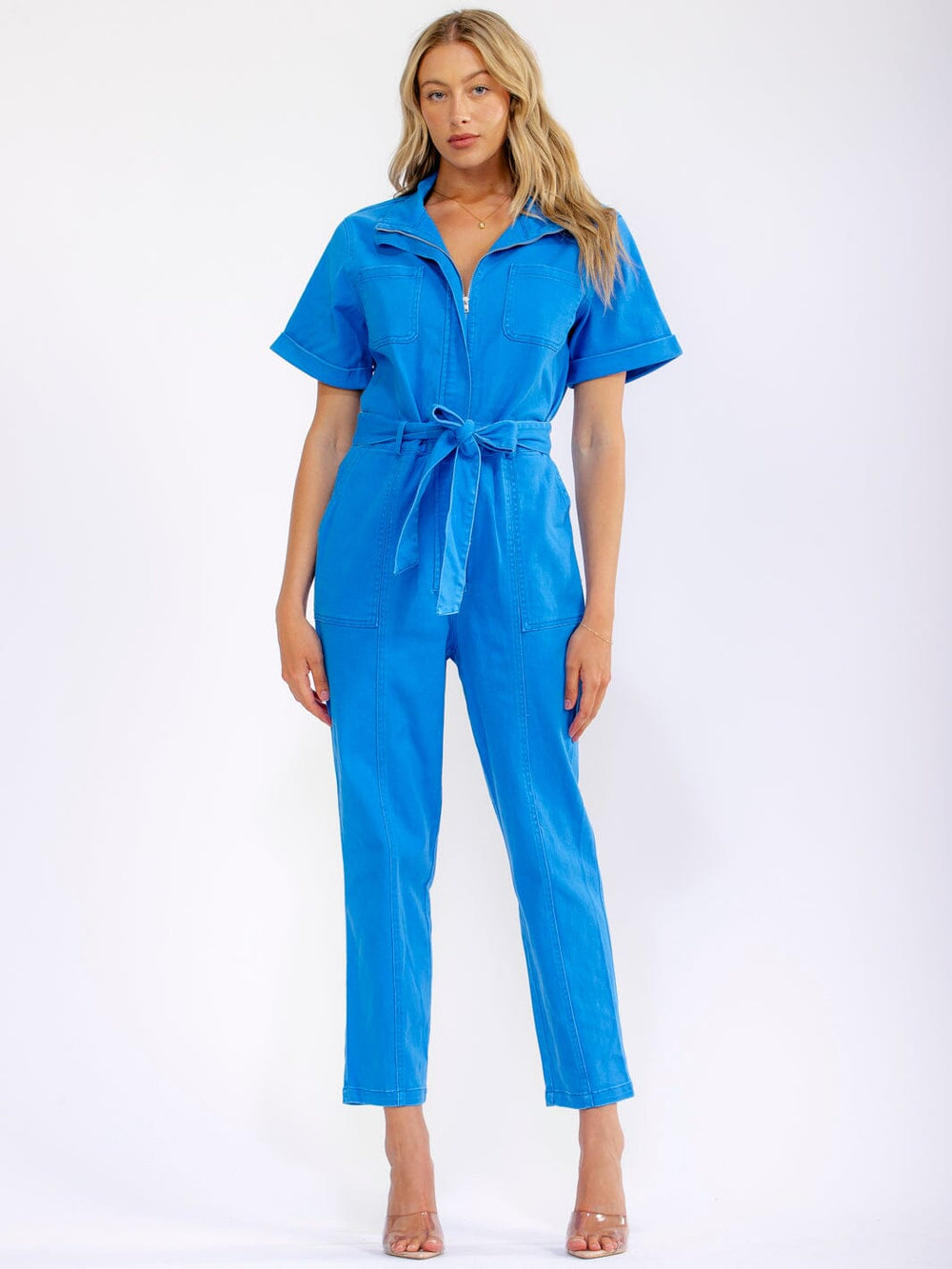 WOMEN'S SHORT SLEEVE ZIP UP POCKETS SELF TIE STRETCH DENIM SKINNY LEG JUMPSUIT